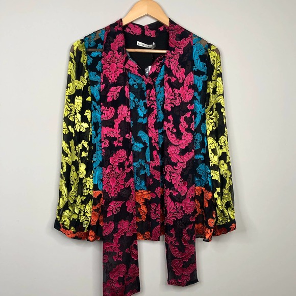 NWT Alice + Olivia Jeannie Show Me Love Tie Neck Silk Jacquard Velvet Blouse M - Picture 6 of 16